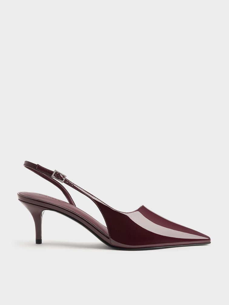 Patent Stiletto-Heel Pointed-Toe Slingback Pumps, Burgundy, hi-res
