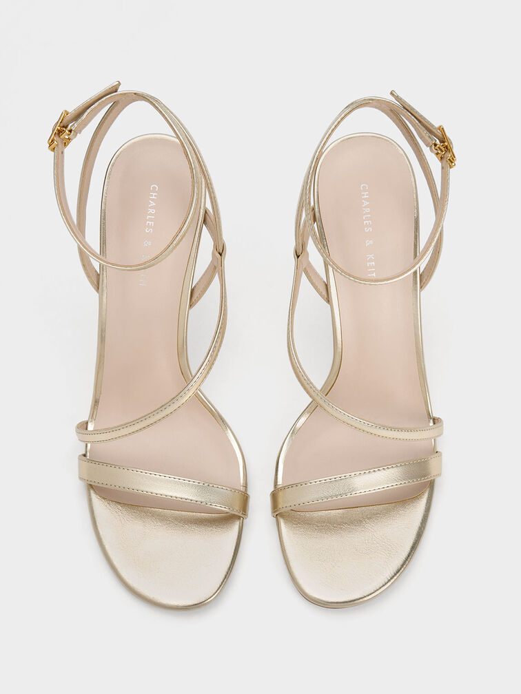 Giày sandals cao gót Metallic Asymmetric Strappy, Vàng đồng, hi-res
