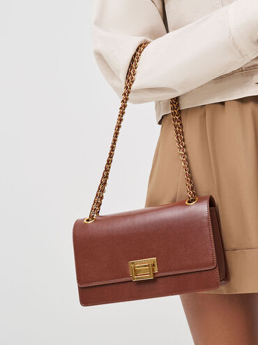 Túi đeo vai nắp gập phom chữ nhật thời trang, Chocolate, hi-res