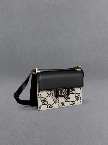 Túi đeo vai phom chữ nhật Leather & Canvas Monogram Boxy, Đen, hi-res