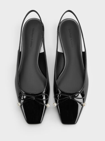 Barbara Patent Pearl-Bow Slingback Flats, Black Patent, hi-res