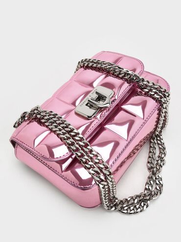 Túi xách Metallic Square-Quilted Chain-Handle, Hồng, hi-res