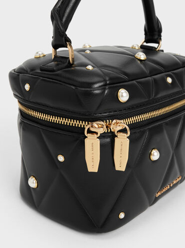 Túi cầm tay Arwen Quilted Pearl-Embellished, Đen, hi-res
