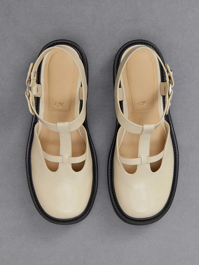 Giày búp bê Leather Cut-Out T-Bar Mary Jane, Phấn, hi-res