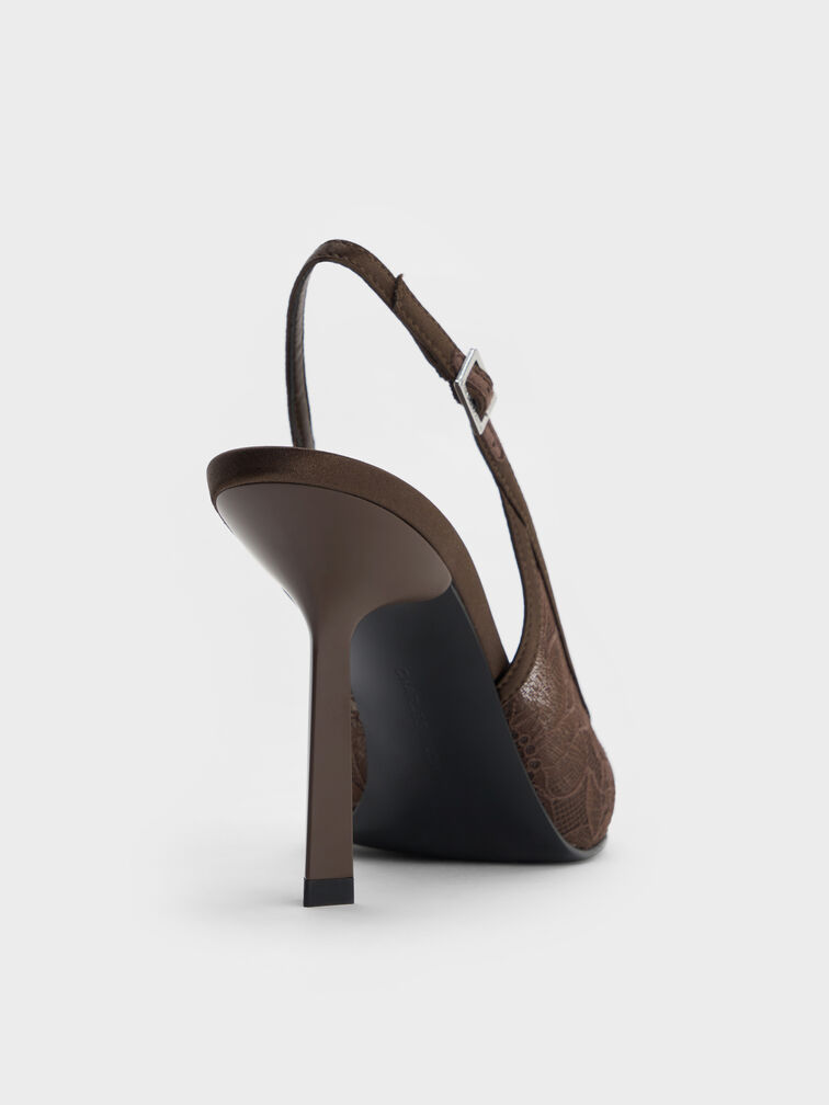 Giày sandals cao gót bít mũi Lace & Satin, Dark Brown Textured, hi-res