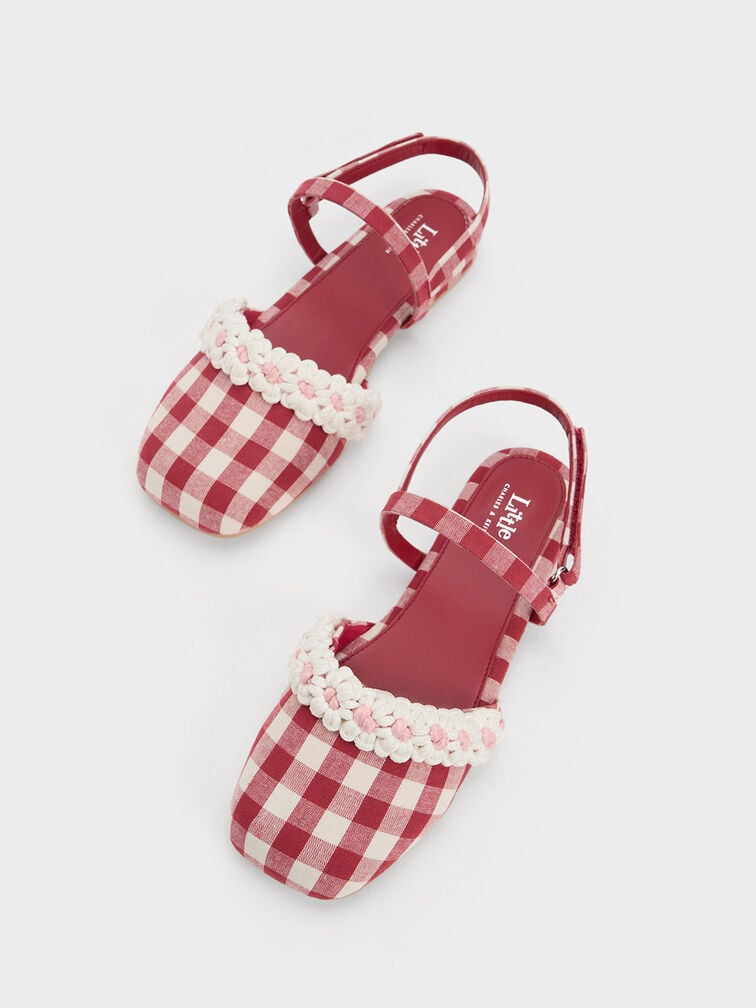 Giày búp bê trẻ em mũi tròn Floral Crochet Checkered, Đỏ, hi-res