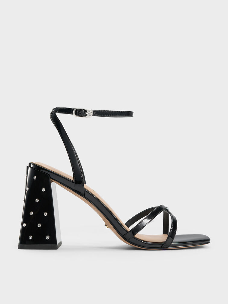 Emmaline Patent Leather Crystal Crossover Sandals, Black Patent, hi-res