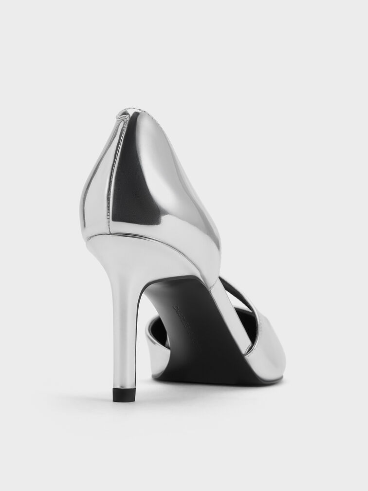 Giày cao gót mũi nhọn Metallic Asymmetric-Strap, Bạc, hi-res