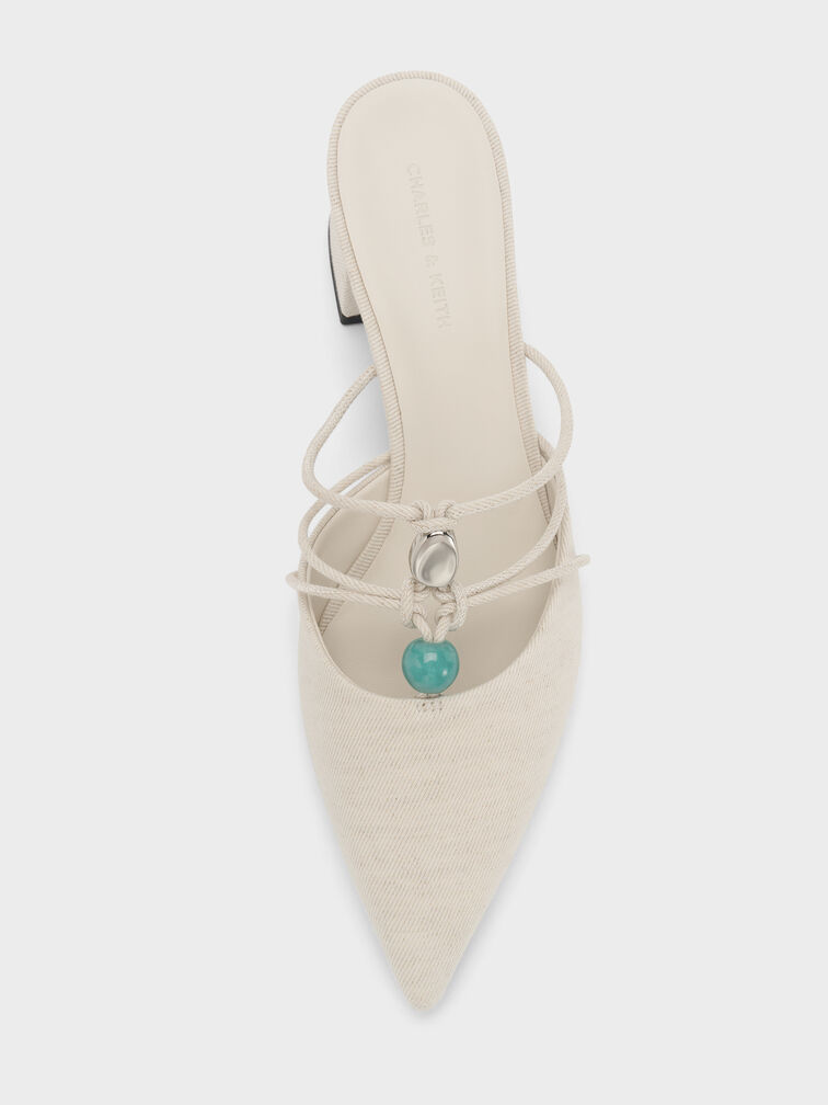 Georgie Linen Bead Pointed Mules, Chalk, hi-res