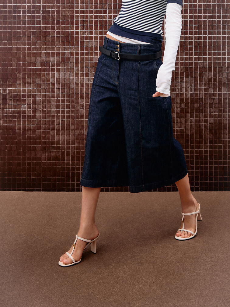 Leather T-Bar Heeled Mules, Chalk, hi-res