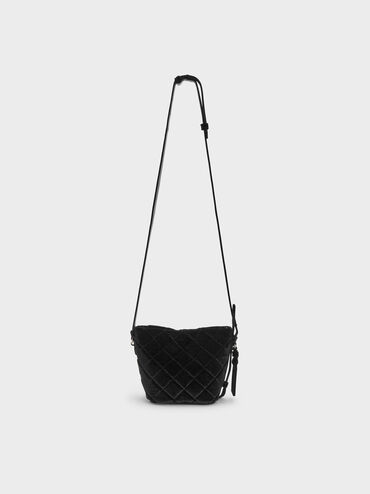 Duo Velvet Quilted Chain Bucket Bag, Noir, hi-res