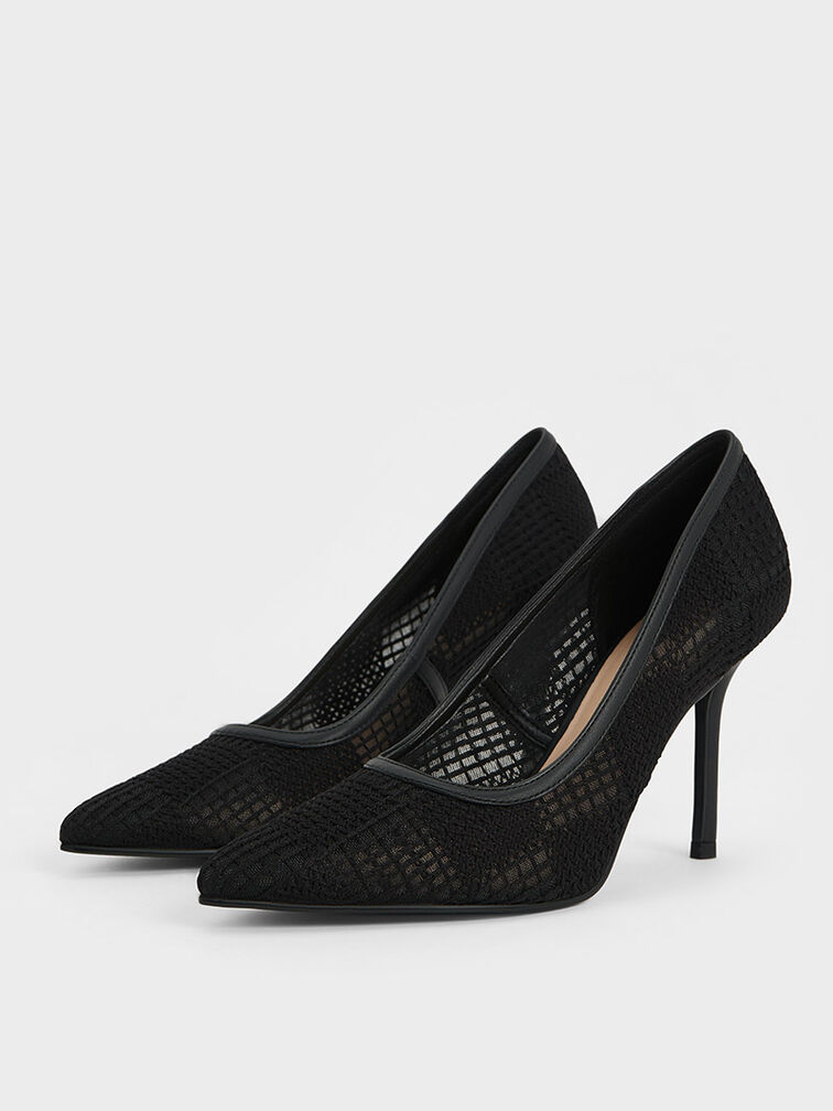 Mesh Woven Pointed-Toe Pumps, Black Textured, hi-res