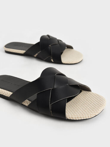 Woven Slide Sandals, Black, hi-res