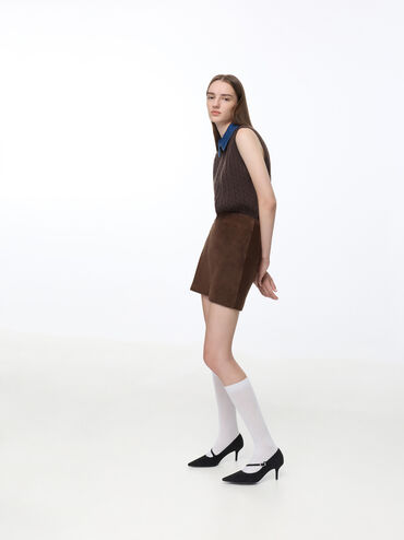 Faux Suede Asymmetric-Strap Pumps, Black Textured, hi-res