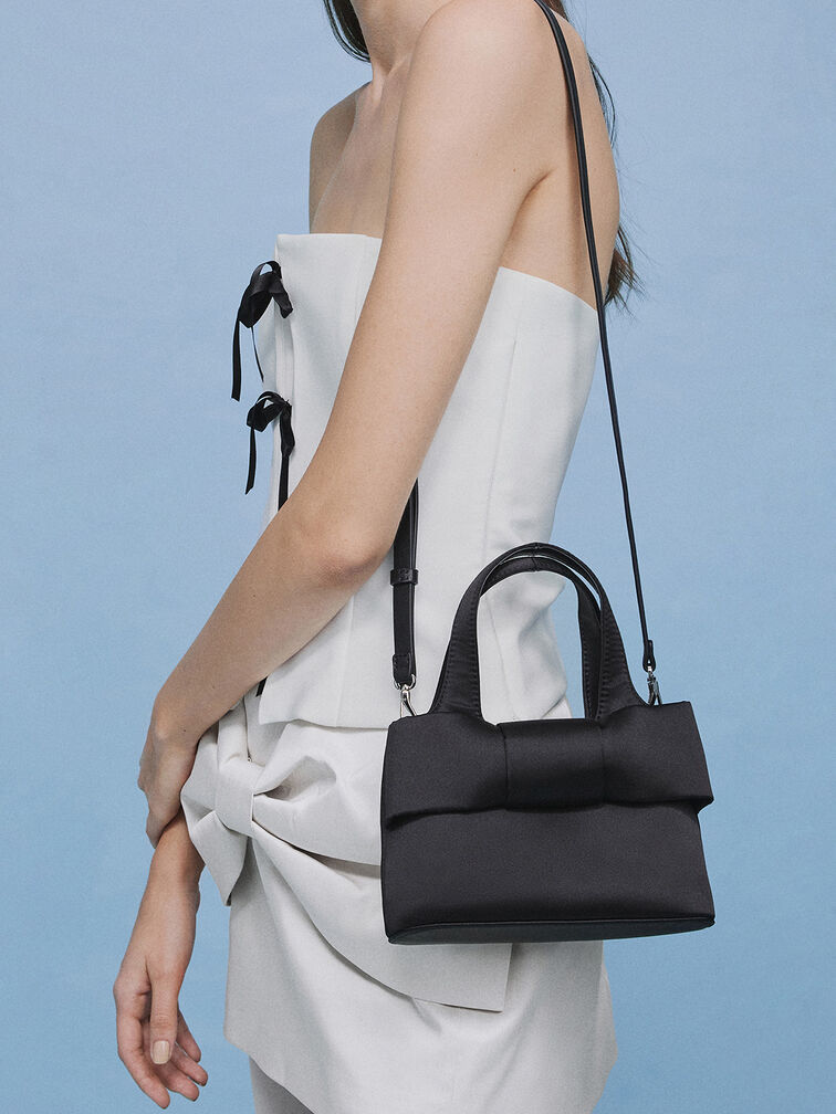 Satin Bow Bucket Bag, Noir, hi-res