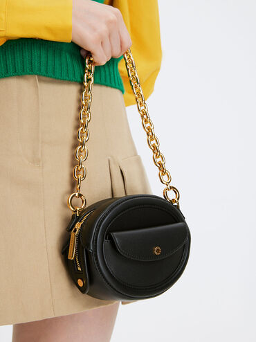 Túi đeo vai phom oval Chain Handle, Đen, hi-res