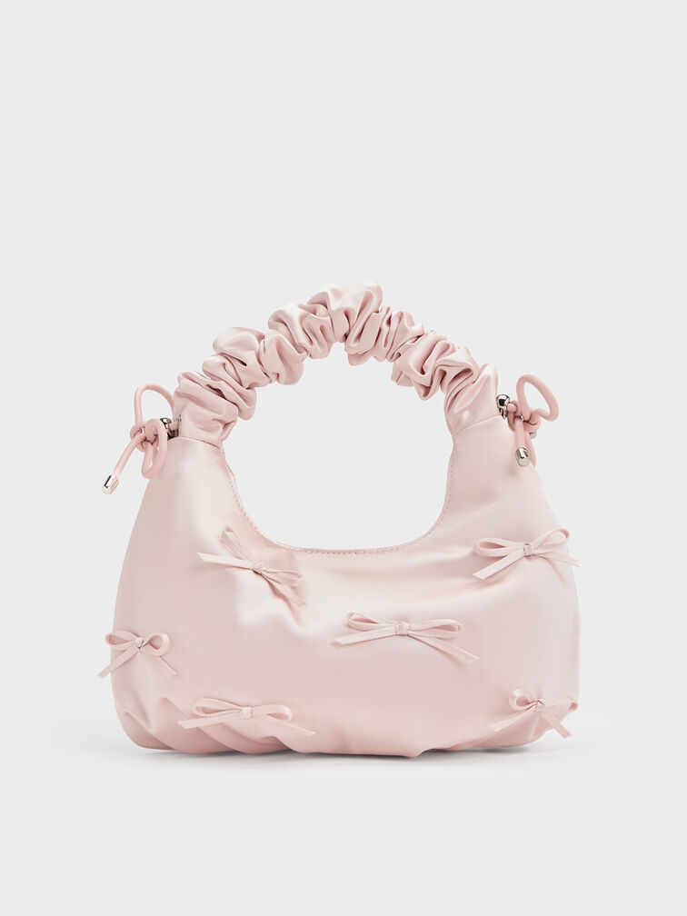 Satin Bow Ruched-Handle Bag, Baby Pink, hi-res