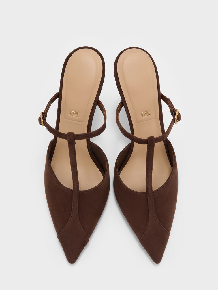 Suede T-Bar Pointed Heeled Mules, Brown, hi-res