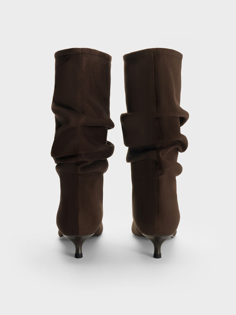 Faux Suede Ruched Kitten-Heel Calf Boots, Dark Brown Textured, hi-res