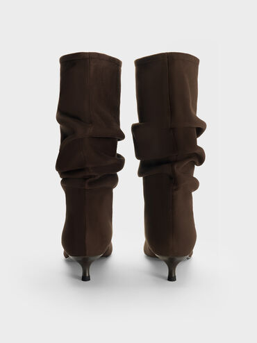 Faux Suede Ruched Kitten-Heel Calf Boots, Dark Brown Textured, hi-res