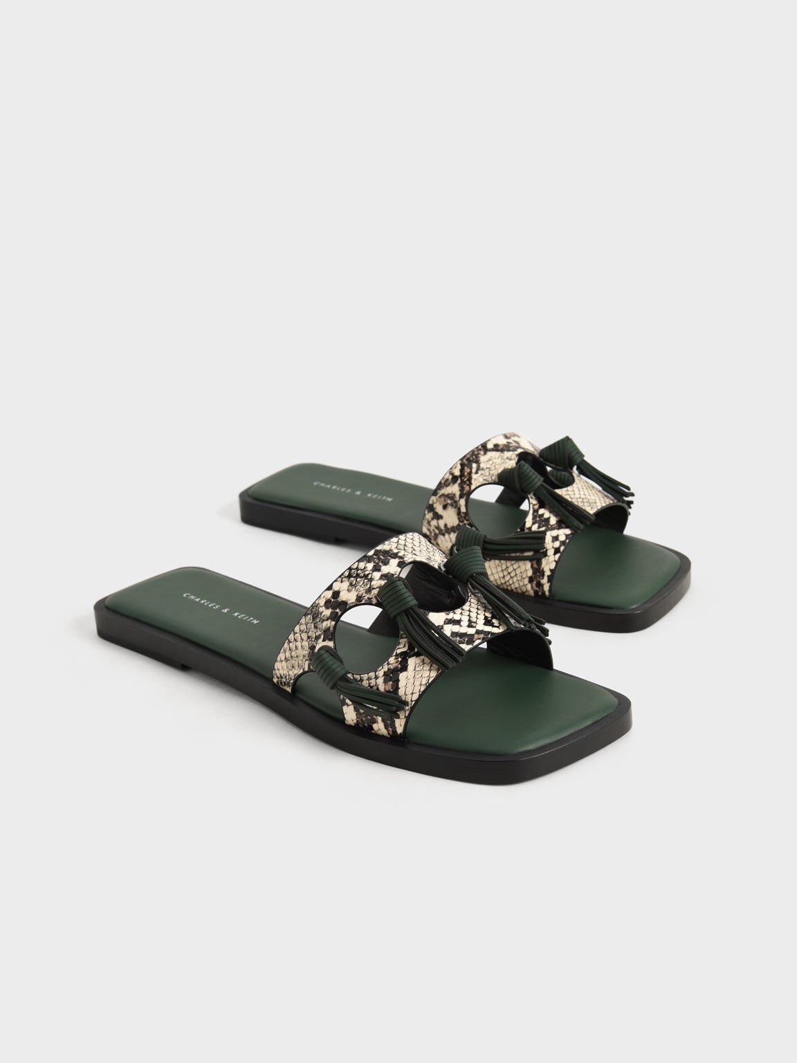 Snake-Print Fringe Detail Slide Sandals, Animal Print Natural, hi-res