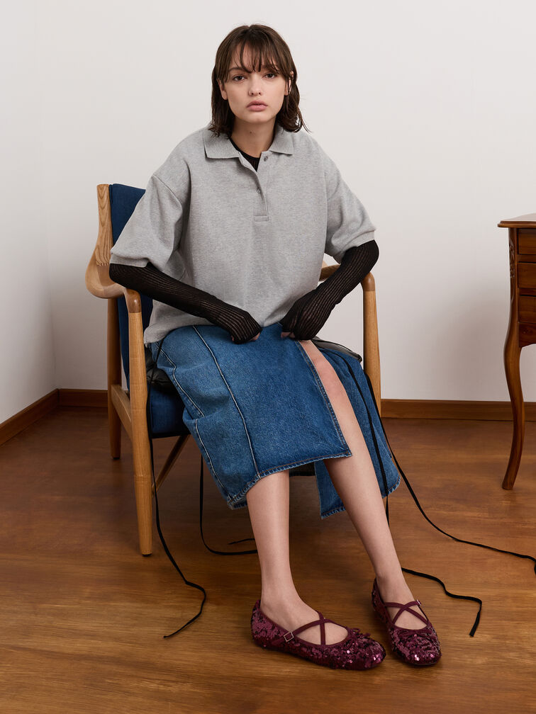 Giày búp bê đế bệt Sequinned, Đỏ burgundy, hi-res