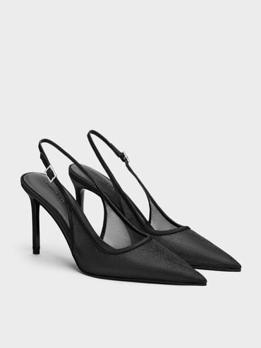 Gi&agrave;y sandals cao g&oacute;t Glittered Mesh, Đen họa tiết, hi-res