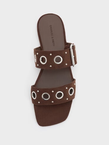 Faux Suede Grommet Buckled Slides, Dark Brown Textured, hi-res