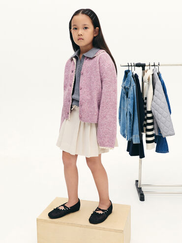 Giày búp bê mũi tròn Lace Crystal, Đen họa tiết, hi-res