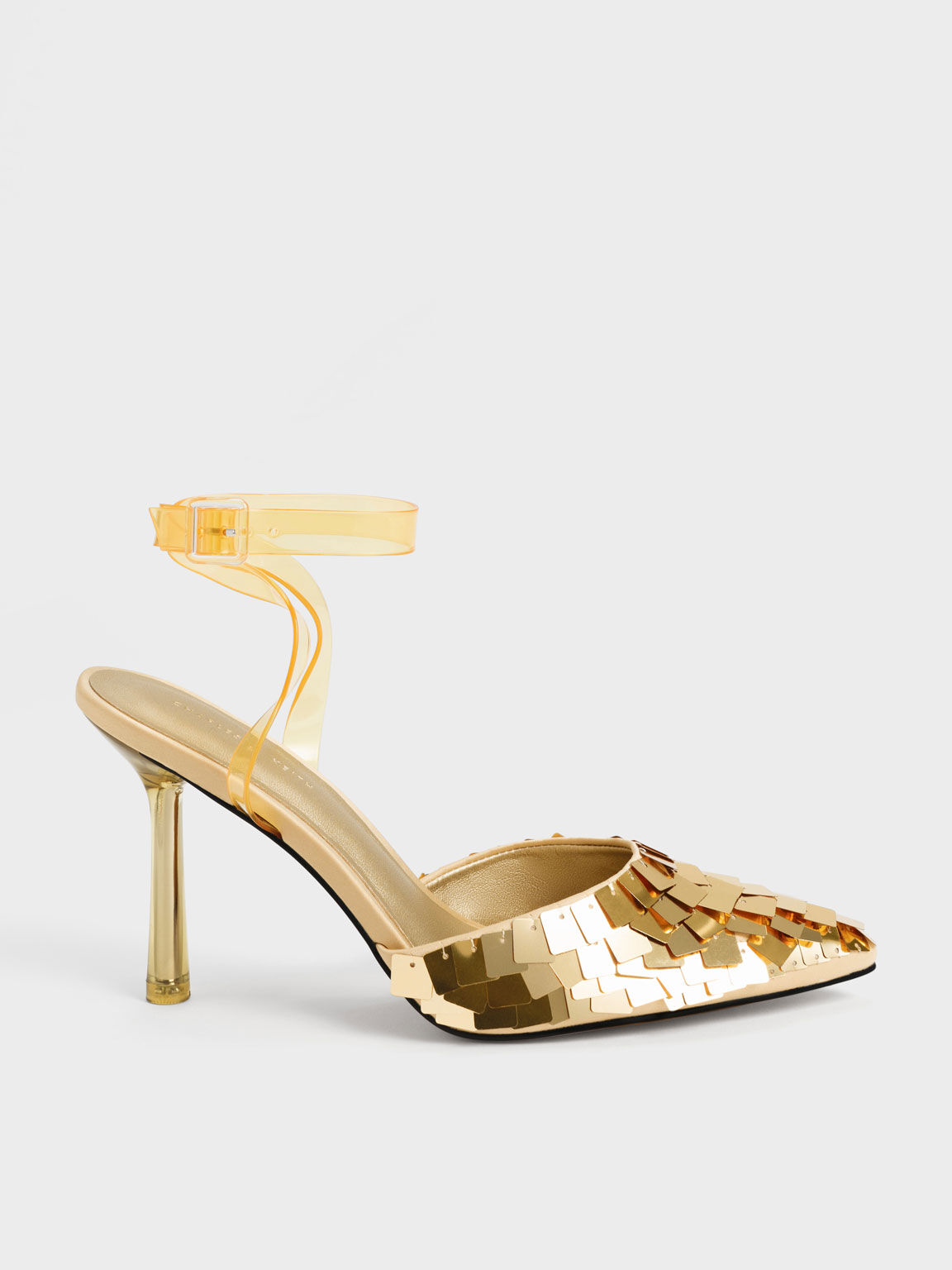 Sequinned Satin Ankle-Strap Pumps, Gold, hi-res