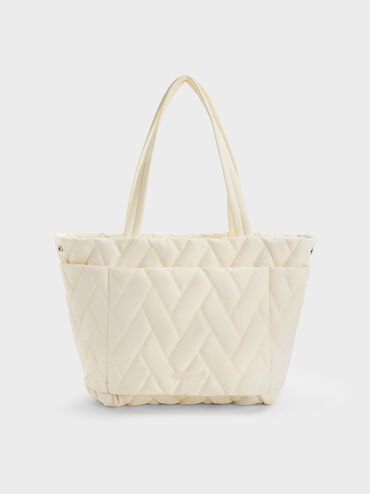 Túi tote hình thang Nylon Chevron, Kem, hi-res