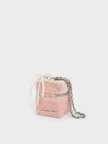 Janie Velvet Quilted Pearl-Bow Micro Bag, Pink, hi-res