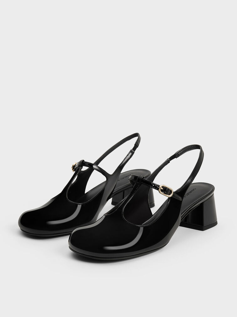 Gi&agrave;y cao g&oacute;t mũi tr&ograve;n T-Bar Slingback Mary Jane, Đen b&oacute;ng nh&aacute;m, hi-res