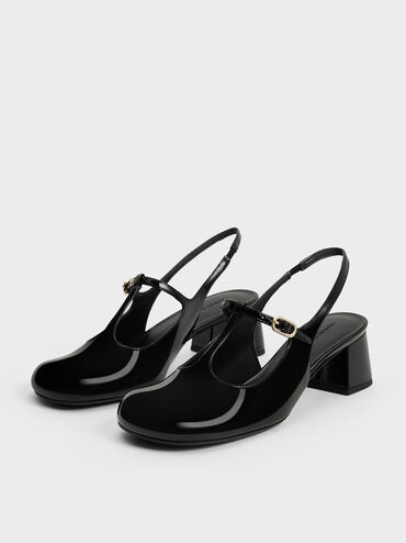 Gi&agrave;y cao g&oacute;t mũi tr&ograve;n T-Bar Slingback Mary Jane, Đen b&oacute;ng nh&aacute;m, hi-res