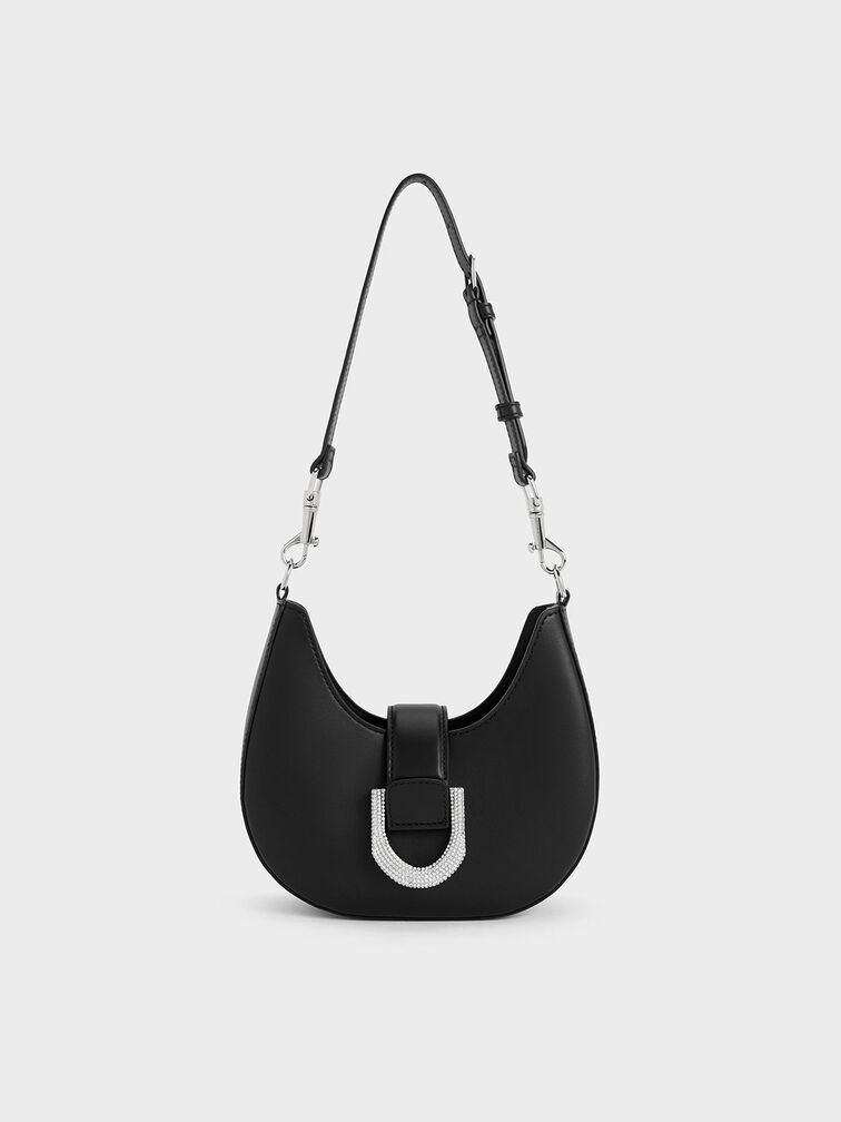 Gabine Leather Crystal-Embellished Hobo Bag, Noir, hi-res