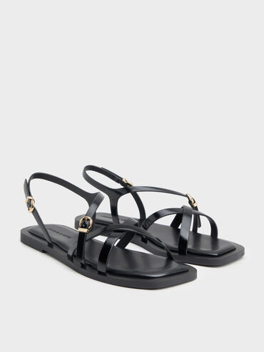 Strappy Crossover Slingback Sandals, Black Boxed, hi-res
