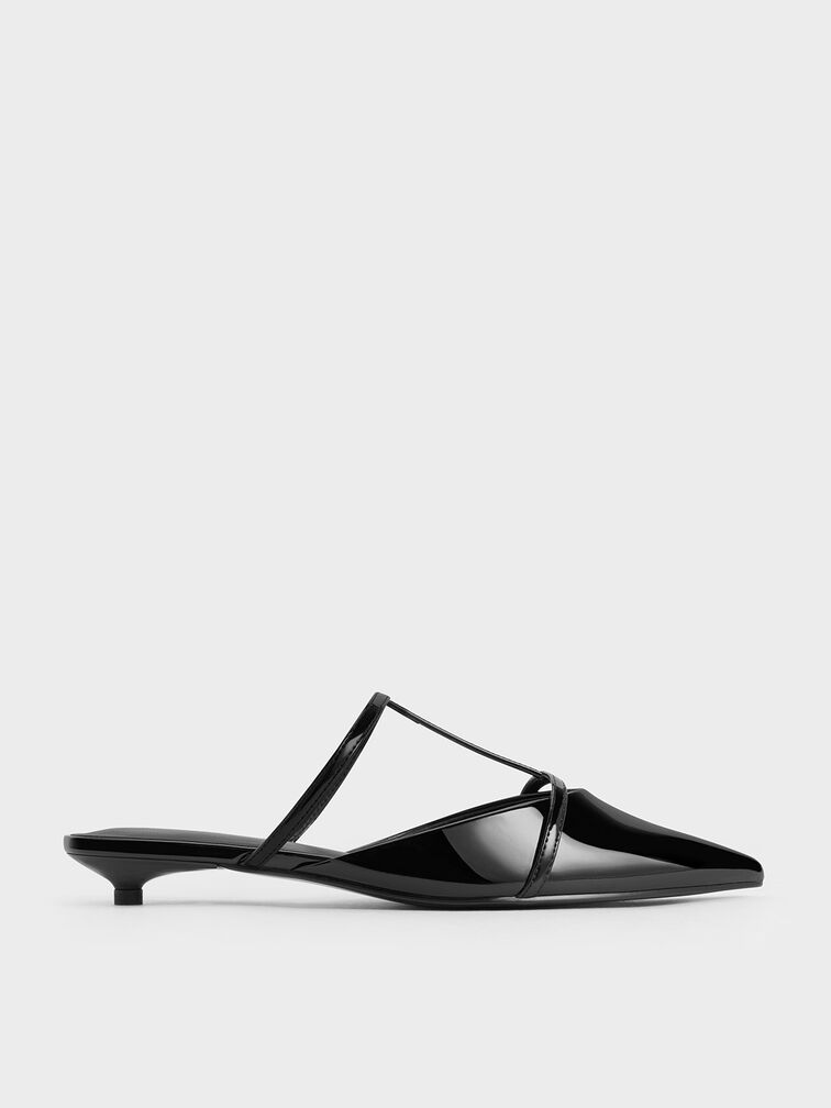 Gi&agrave;y mules mũi nhọn Clara T-Bar Pointed-Toe, Đen b&oacute;ng nh&aacute;m, hi-res