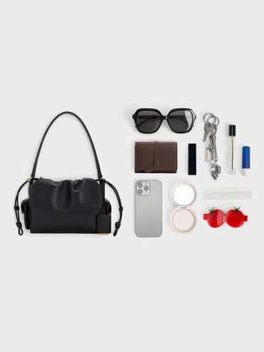 Khai Ruched-Flap Side-Pocket Top Handle Bag, Black, hi-res