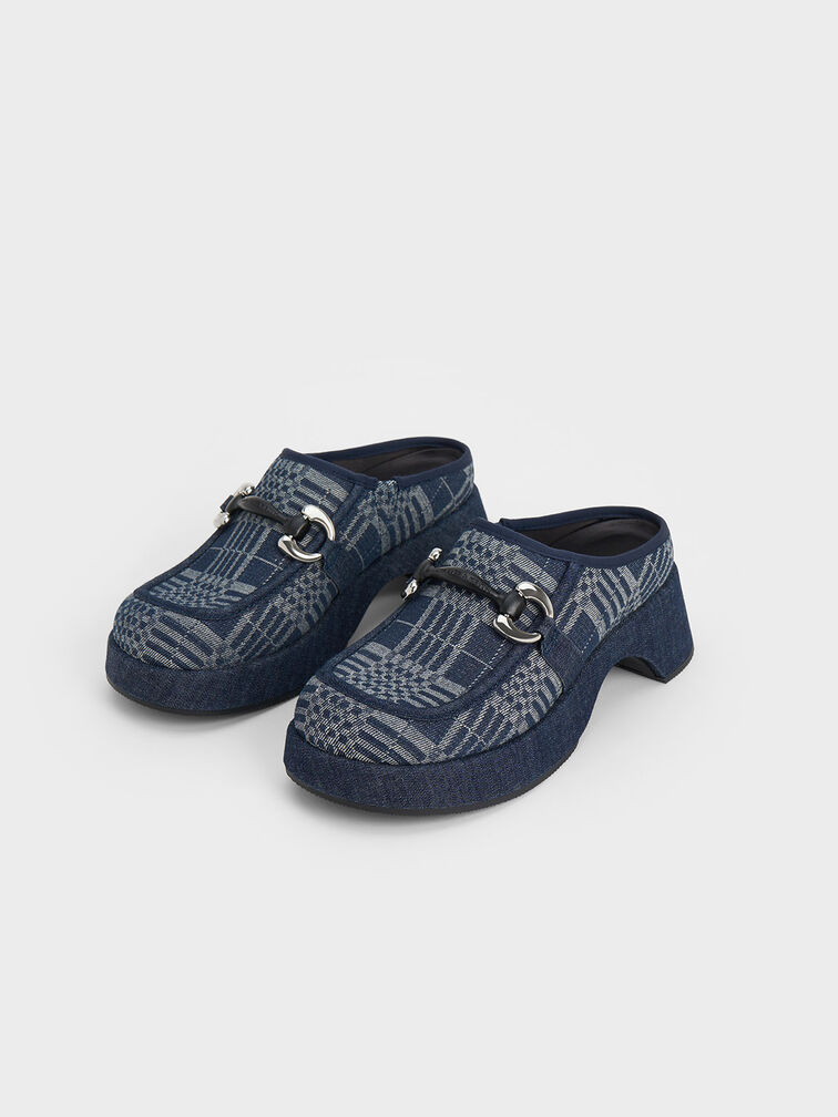 Gi&agrave;y mules Denim Plaid Metallic Accent Platform, Xanh đậm, hi-res