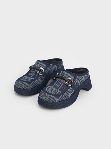 Gi&agrave;y mules Denim Plaid Metallic Accent Platform, Xanh đậm, hi-res