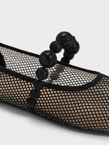 Leather Mesh Beaded Mary Jane Flats, Black Textured, hi-res