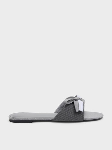 Striped Bow Slide Sandals, Grey, hi-res