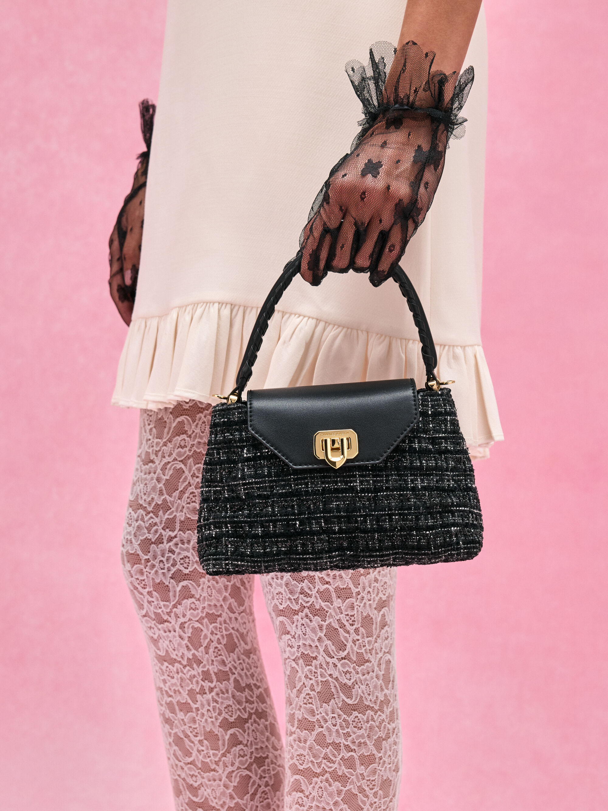 Arwen Tweed Quilted Top Handle Bag - Black Tweed - CHARLES & KEITH VN