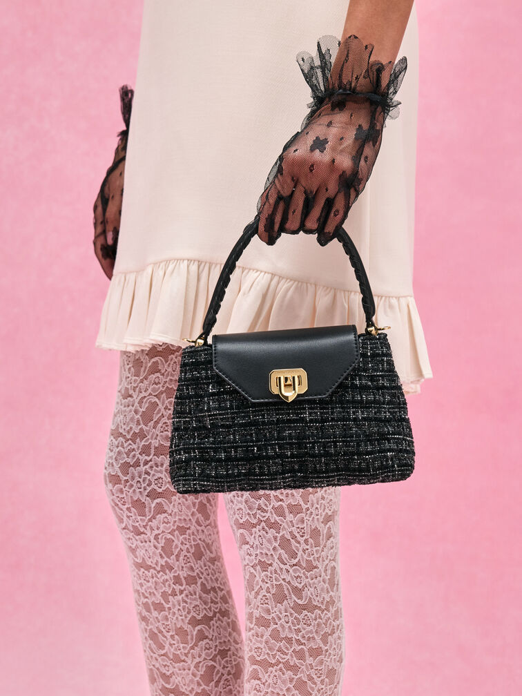 Arwen Tweed Quilted Braided-Strap Top Handle Bag, Black Tweed, hi-res