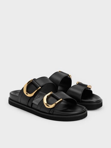 Gabine Gold-Buckle Leather Slides, Black, hi-res