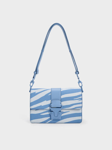 Zebra Print Push-Lock Shoulder Bag, Blue, hi-res