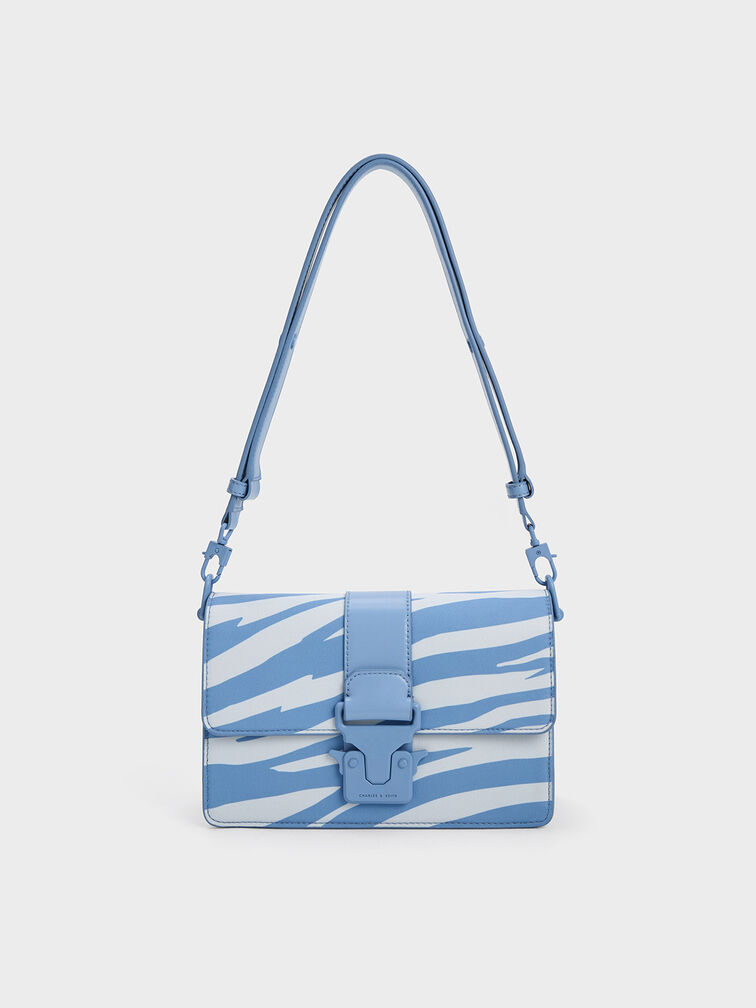 Zebra Print Push-Lock Shoulder Bag, Blue, hi-res