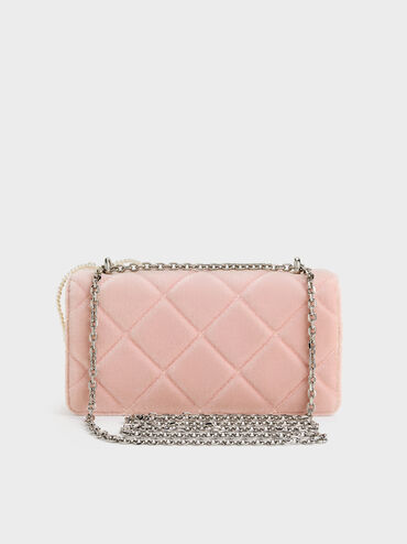 Paffuto Velvet Quilted Wallet On Chain, Pink, hi-res