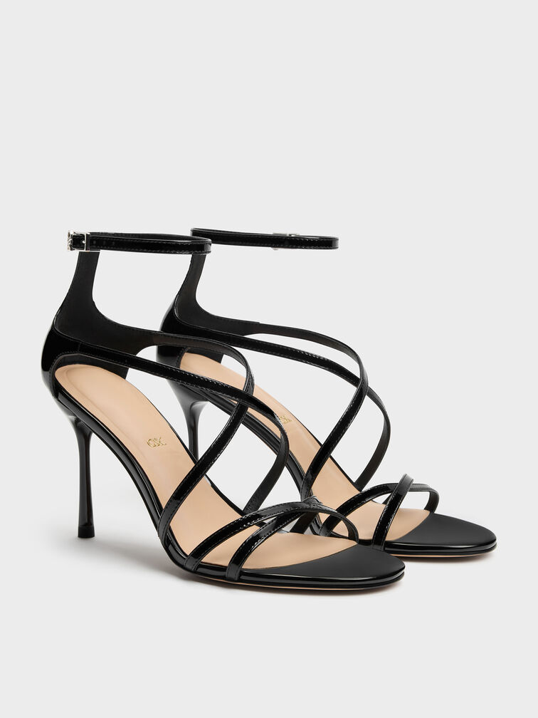 Patent Leather Strappy Stiletto Sandals, Black Patent, hi-res