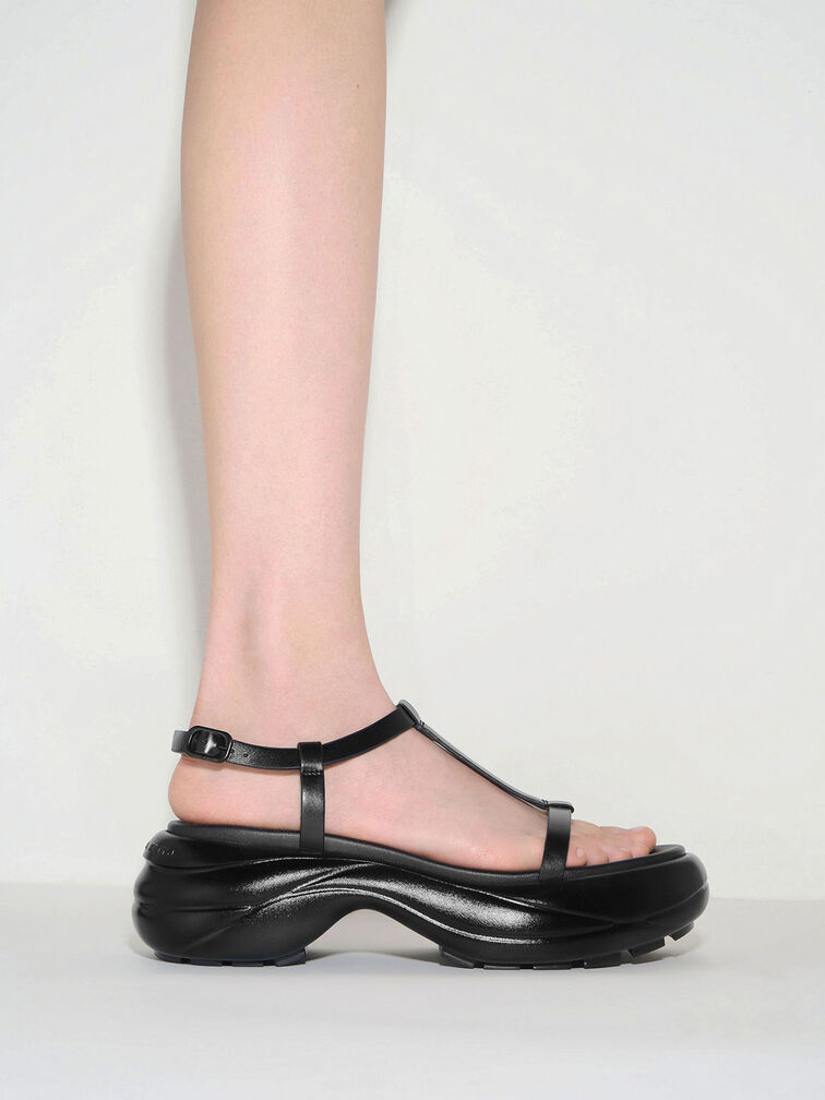 Giày sandals đế xuồng T-Bar Curved Platform Sports, Đen, hi-res